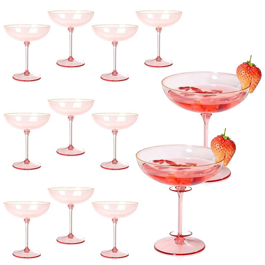 Detachable Martini Glasses 9oz Plastic Pink Champagne Coupe Glasses Gold Rim Hand Blown Vintage C... | Amazon (US)
