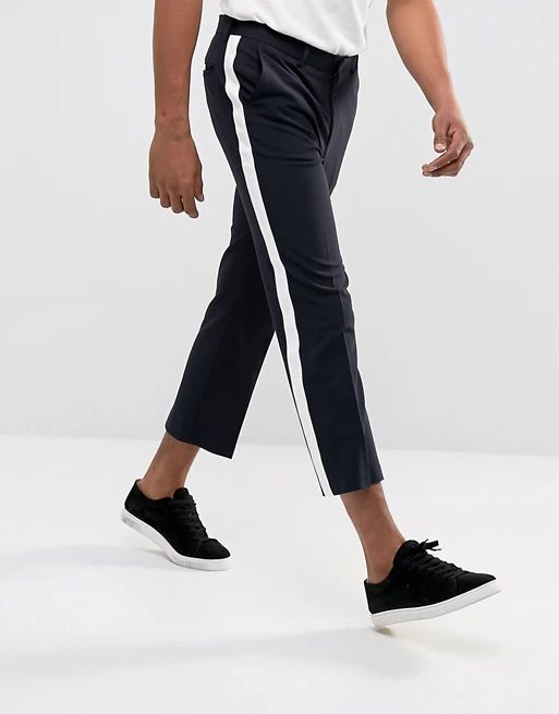 ASOS Straight Crop Smart Pants In Navy With White Side Stripe | ASOS US