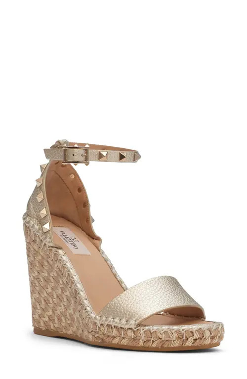 Valentino Garavani Rockstud Metallic Espadrille Wedge Sandal in Platinum at Nordstrom, Size 41 | Nordstrom