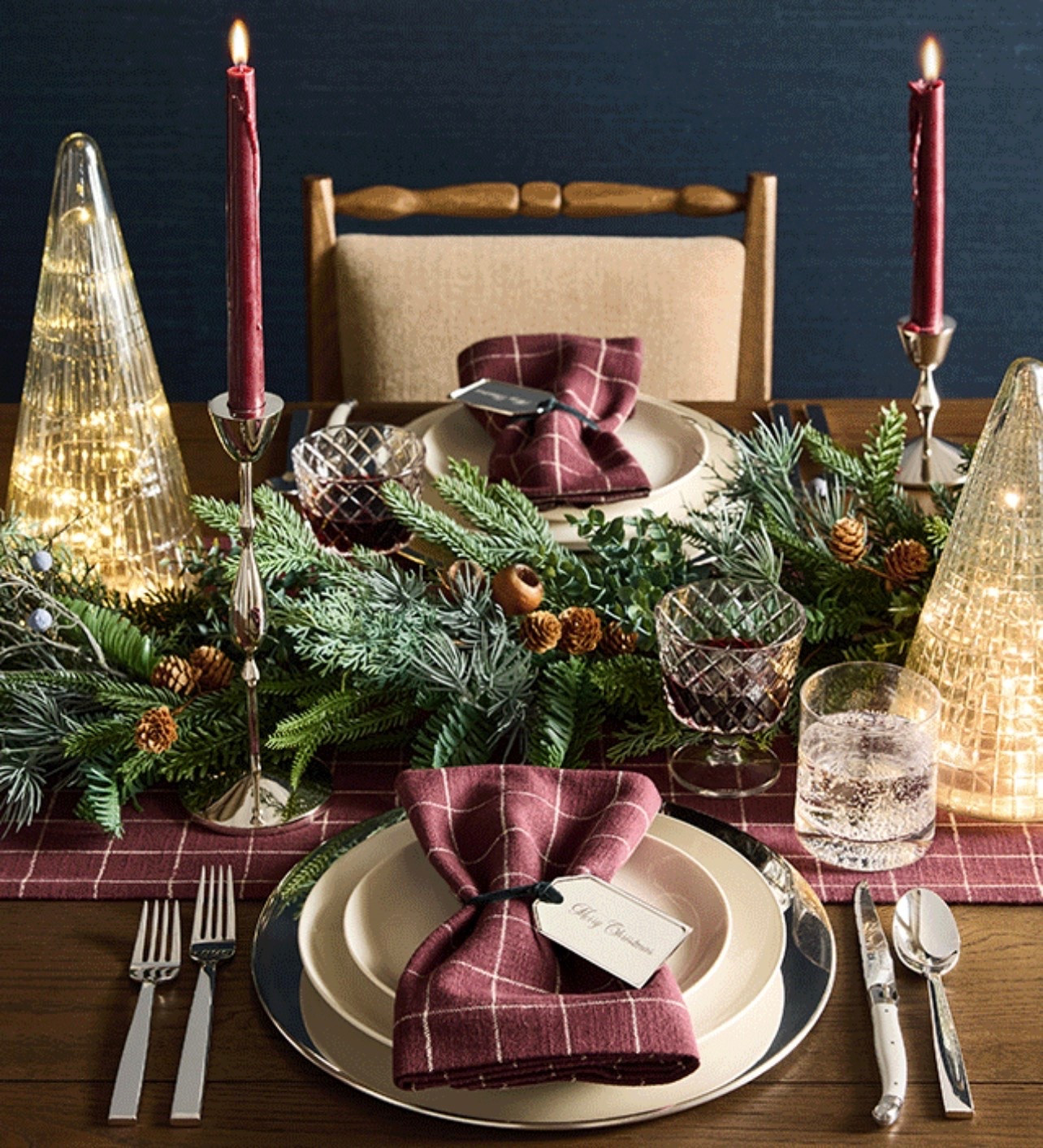 NEW trend color for the holidays! Earthy red! These check napkins grams and lit tabletop trees create a stunning Christmas tablescape. Holiday dining table decor, Christmas decor, trend, burgundy, napkins, candle holders, glass trees, Christmas tree, centerpiece, table runner, placemat, charger, dishes, flatware, glasses, organic modern, transitional, Nancy Meyers style, Restoration Hardware style, Crate & Barrel, Amazon home,#LTKsale #LTKfamily

#LTKHome #LTKSaleAlert #LTKSeasonal
