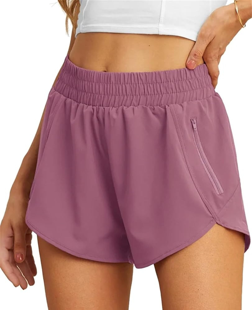 PrinStory Women's Running Shorts Summer High Waisted Quick Dry Athletic Work Out Gym Zipper Pocke... | Amazon (US)