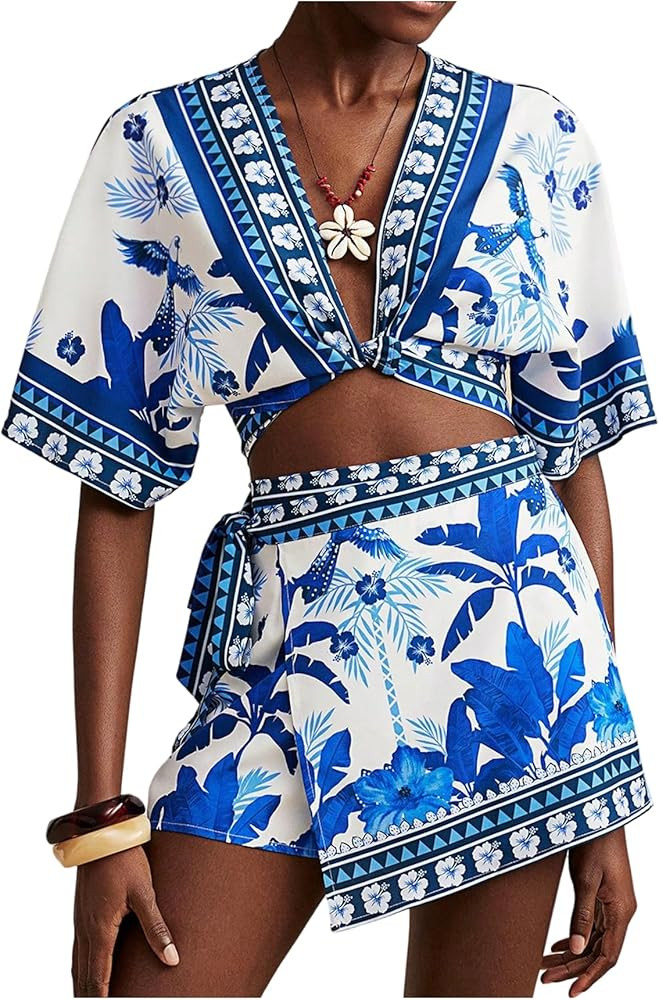 RoseSeek Women's 2 Piece Summer Skirt Sets Tropical Half Sleeve Top and Wrap Skirts Set Beach Vac... | Amazon (US)