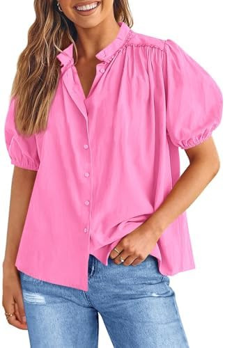 Tankaneo Womens Puff Sleeve Button Down Shirts Cotton Pleated Loose Fit Tops Summer Dressy Casual... | Amazon (US)
