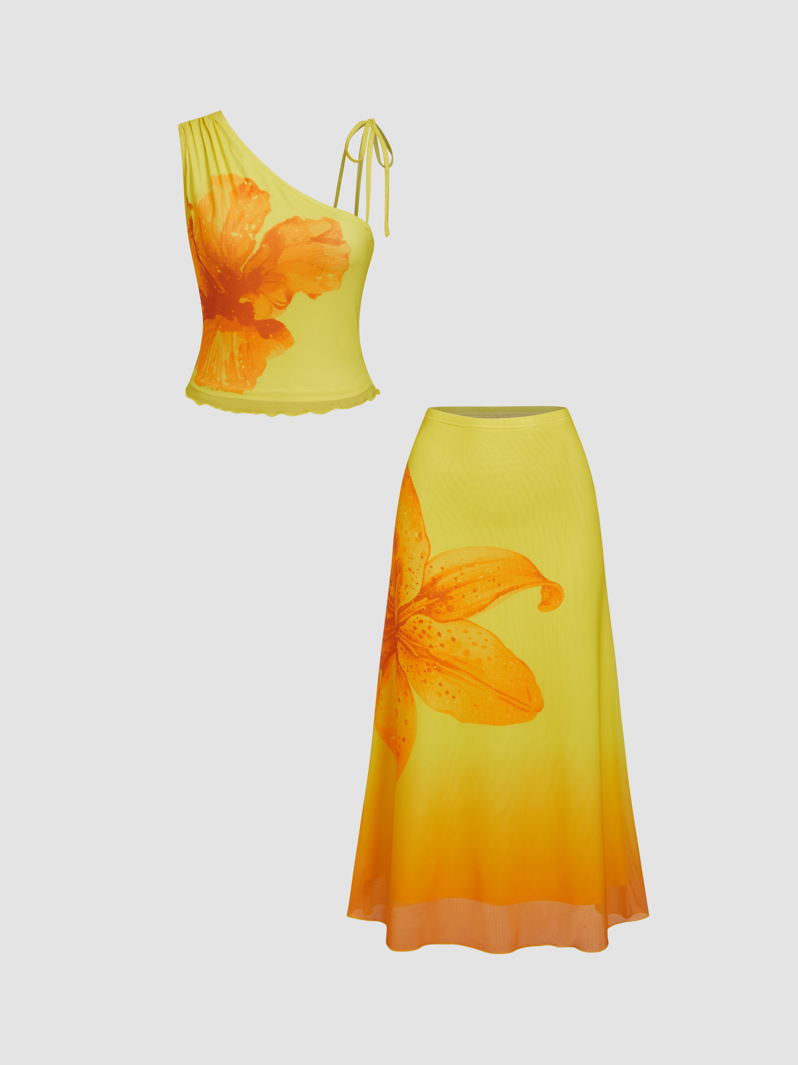 Mesh Mesh Asymmetrical Neck Floral Knotted Top & Mid Rise Maxi Skirt Set For Vacation | Cider