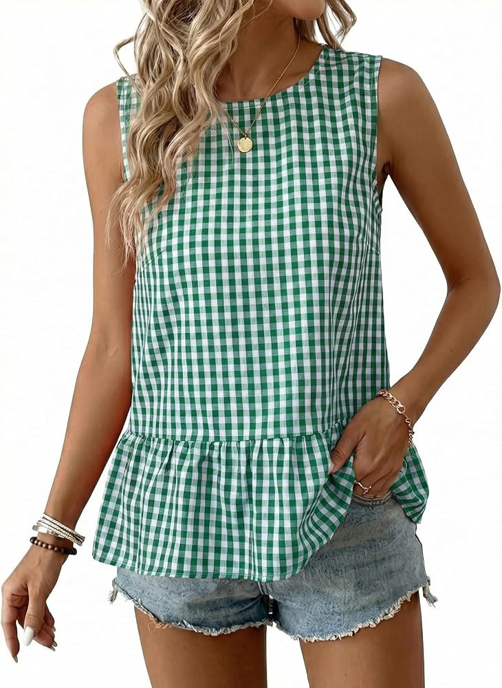 BLENCOT Babydoll Tops for Women Gingham Sleeveless Ruffle Hem Camisoles     Blouse Casual Boho Wo... | Amazon (US)