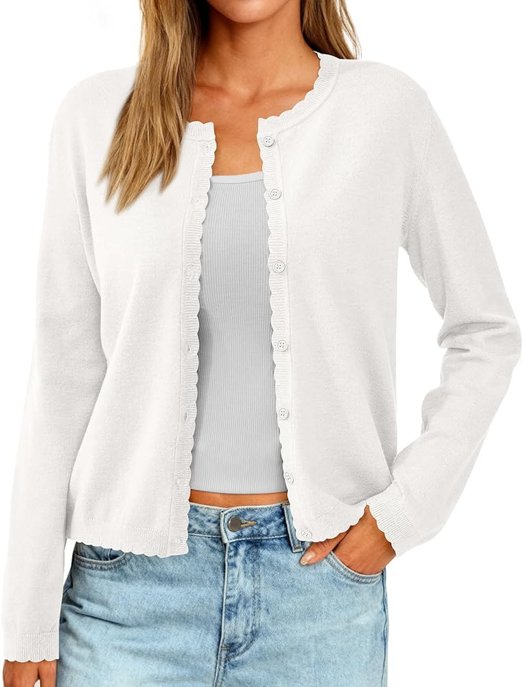 PRETTYGARDEN Long Sleeve Cardigan Sweaters for Women Lightweight Scalloped Ribbed Knit Sweater Wo... | Amazon (US)