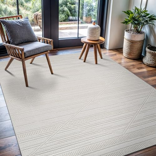 CAMILSON Micro Loop Rug 5x7 Modern Luxury Geometric Pattern Area Rugs Soft High and Low Pile Stain Resistant Easy-Cleaning Non-Shedding for Living Room Office Indoor Carpet (5 x 7 / White) | Amazon (US)
