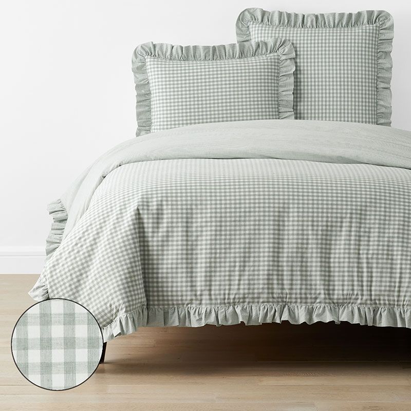 Gingham Classic Cool Melange Cotton Percale Duvet Cover - Sage, Twin | The Company Store