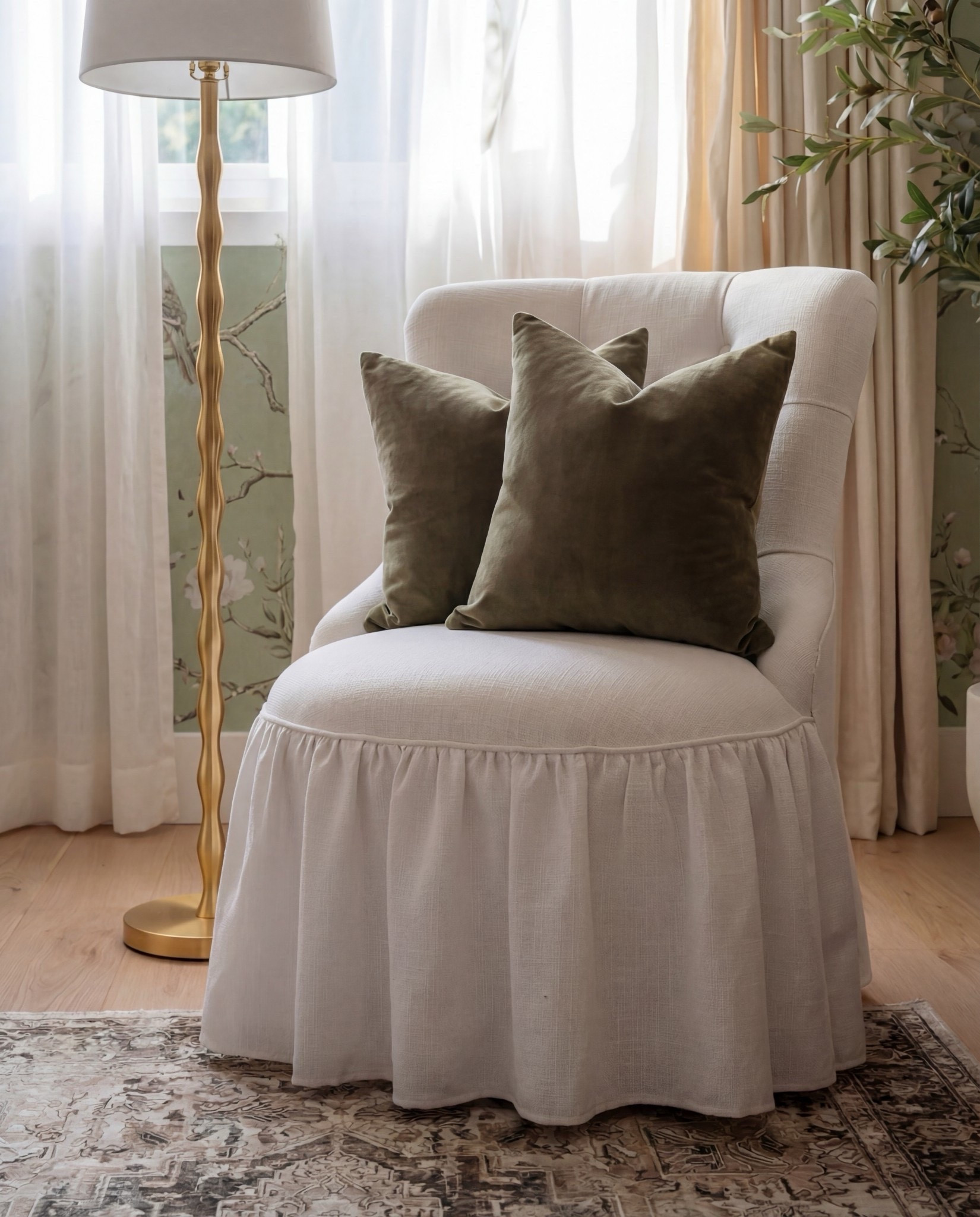 Shop the Look:
• Floral wallpaper (soft green with botanical print)
• Solid wood crib (warm walnut tone)
• Knit throw blanket (neutral brown)
• Wood dresser with woven drawer fronts
• Changing tray (wood)
• Round brass-framed wall mirror
• Oval framed animal artwork
• Decorative wall animal mount
• Upholstered accent chair (ivory)
• Green accent pillows
• Floor lamp (brass base, white shade)
• Table lamp (ceramic base, white shade)
• Pendant ceiling light (soft white globe)
• Neutral vintage-style area rug
• Light wood flooring
• Sheer curtains with linen drapery panels

#LTKSaleAlert #LTKHome