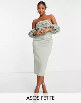 ASOS DESIGN Petite bardot puff sleeve midi dress with floral embellishment in sage | ASOS (Global)