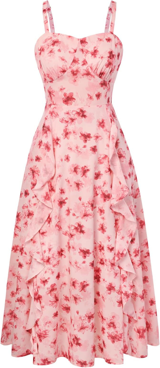Belle Poque Sun Dresses for Women Spring Summer Floral Midi Flowy Spaghetti Ruffle Wedding Guest ... | Amazon (US)