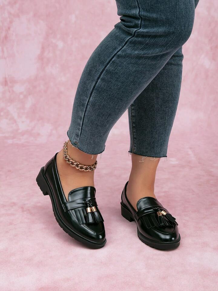 Women's Round Toe Thick Bottom Fringed Chunky Heel Loafers With Wide Width And Flat Sole, For Spr... | SHEIN