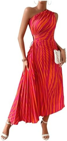 MakeMeChic Women's Casual Striped Cut Out One Shoulder Sleeveless High Waist Summer A Line Maxi D... | Amazon (US)