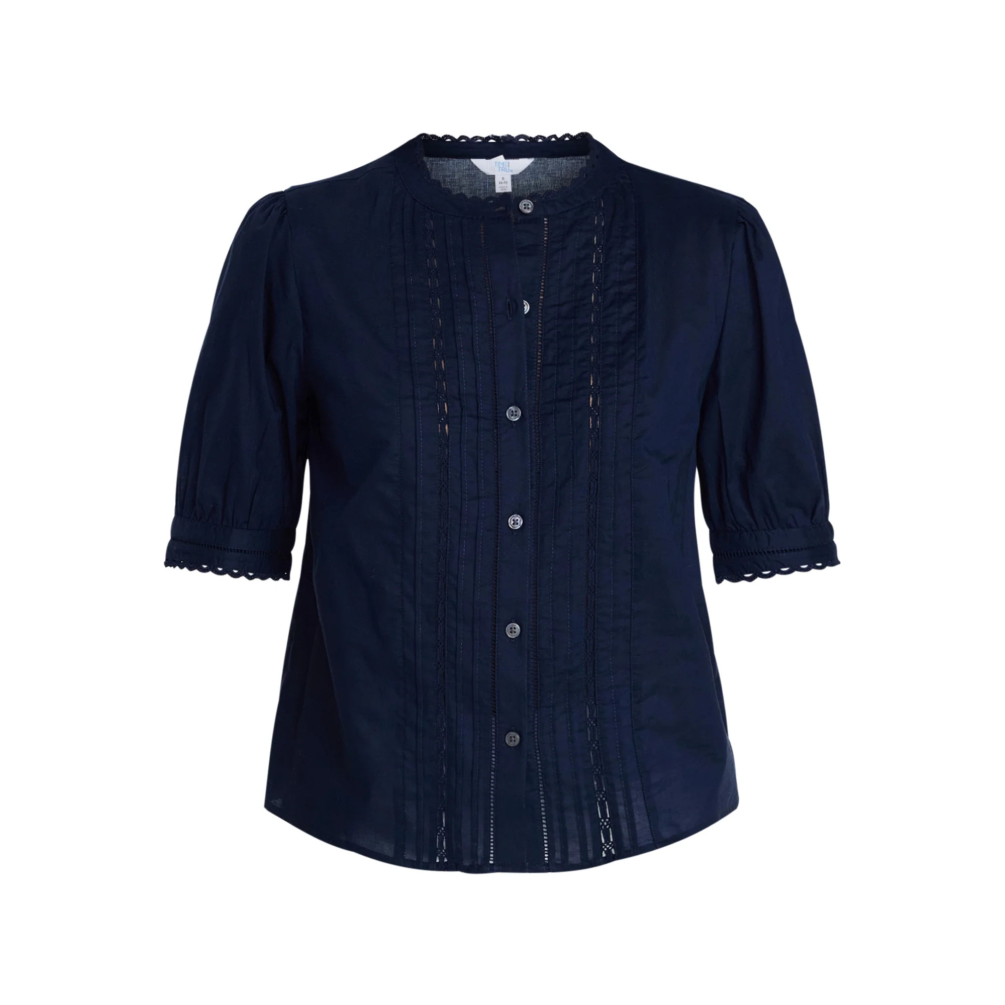 Time and Tru Women's and Women's Plus Lace Inset Button Front Cotton Shirt with Short Sleeves, Si... | Walmart (US)