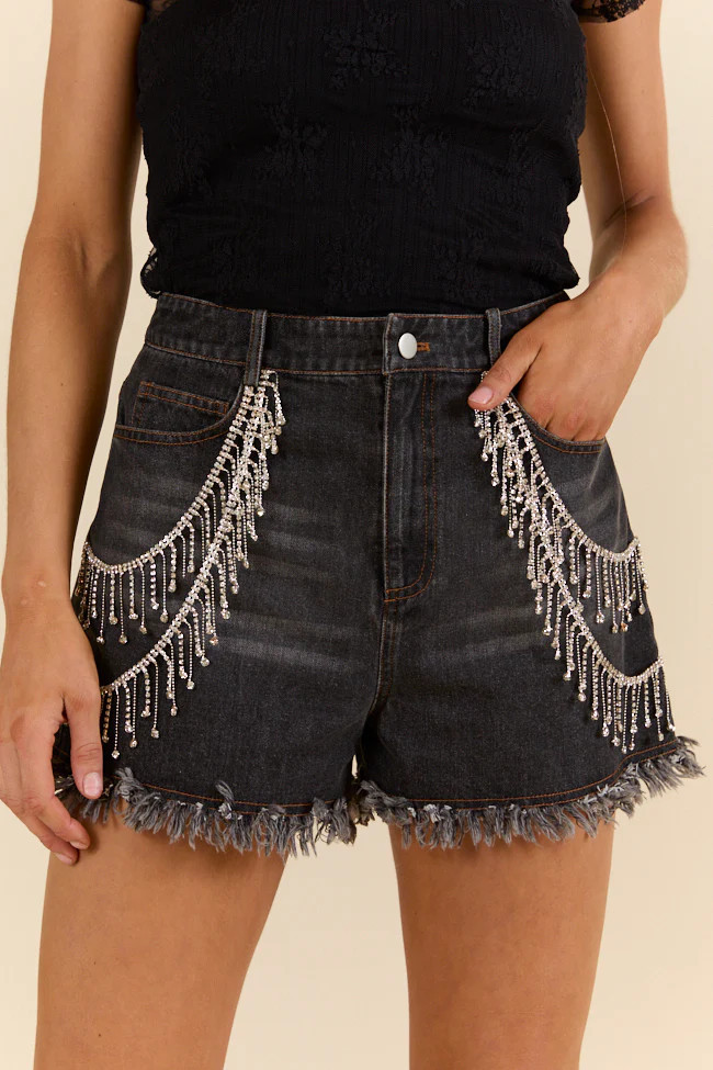 Rhinestone Riff Black Wash Embellished Denim Shorts FINAL SALE | Pink Lily