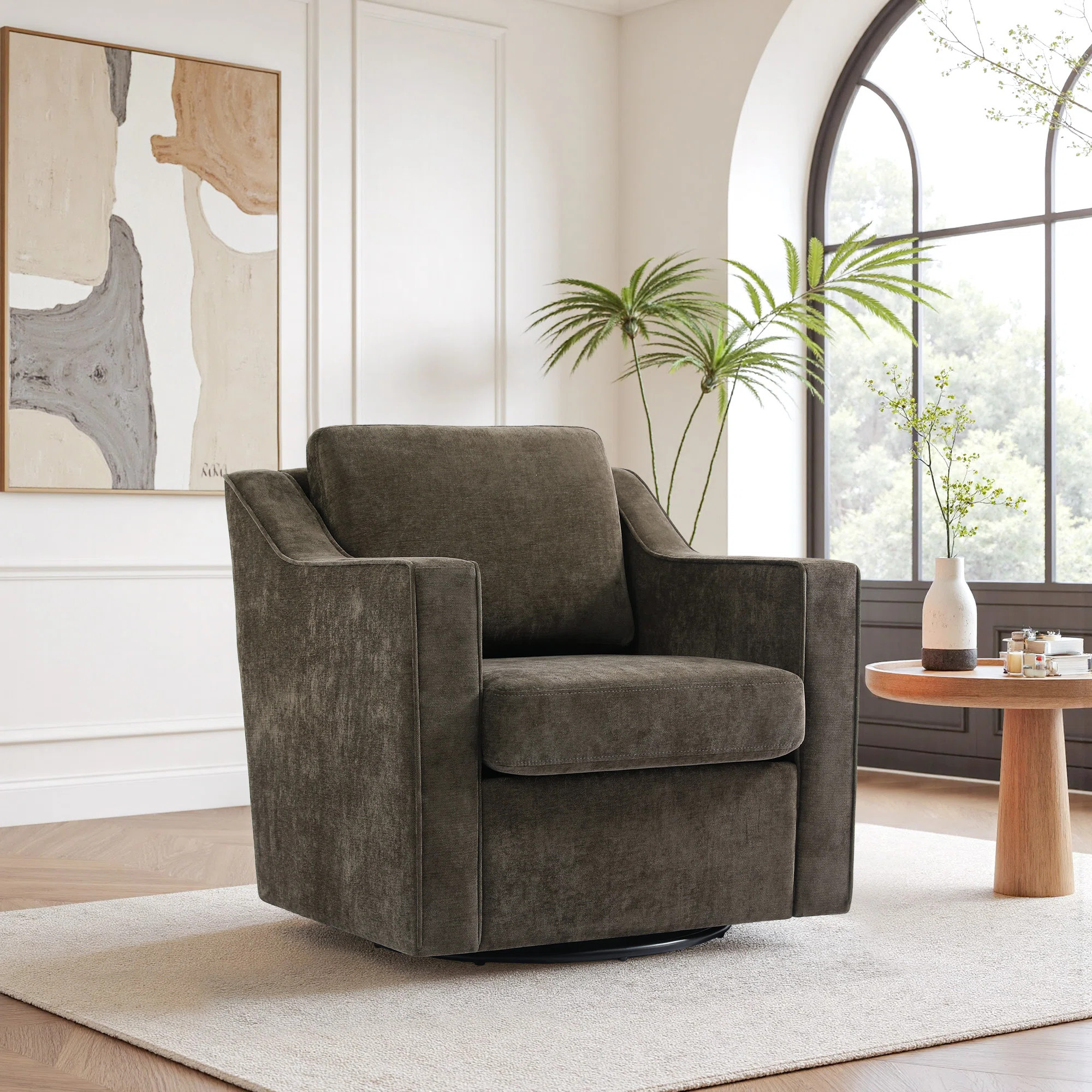 Bronnen Big And Wide Upholstered Light Coffee Cushion Swivel Armchair with Removable Back and Sea... | Wayfair North America