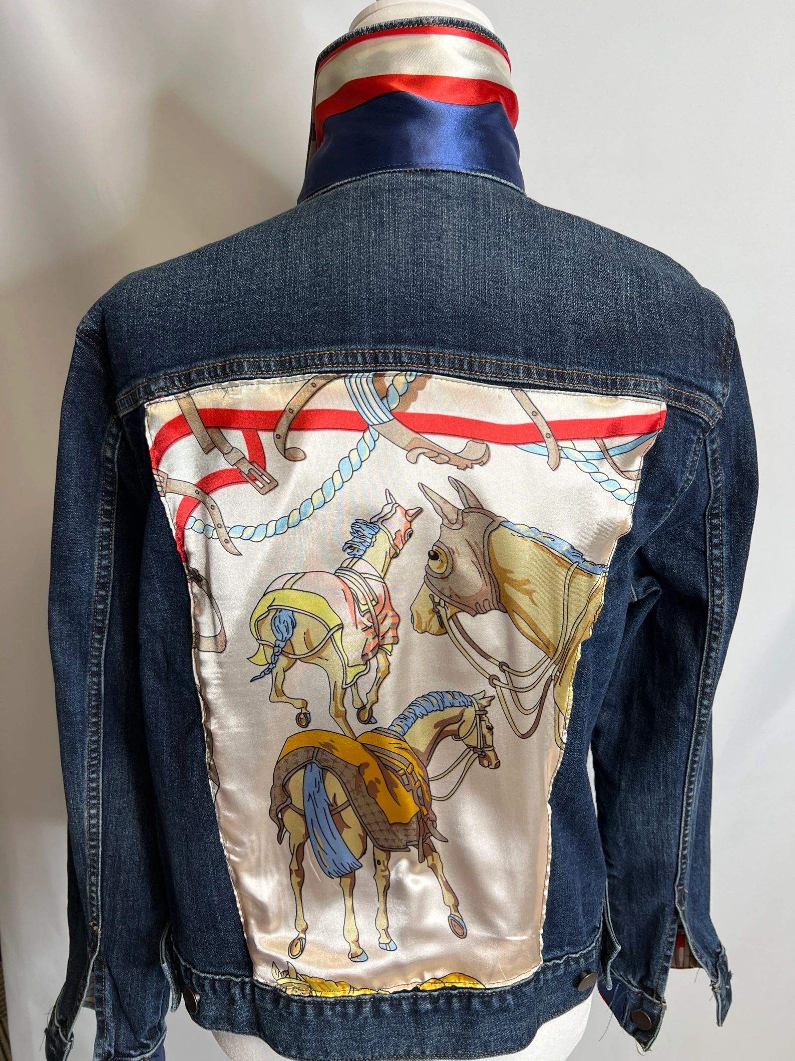 Watercolor-blue Denim Jacket Silk Scarf Equestrian Designer Scarf Jean Jacket Women's Ladies Sewn... | Etsy (US)