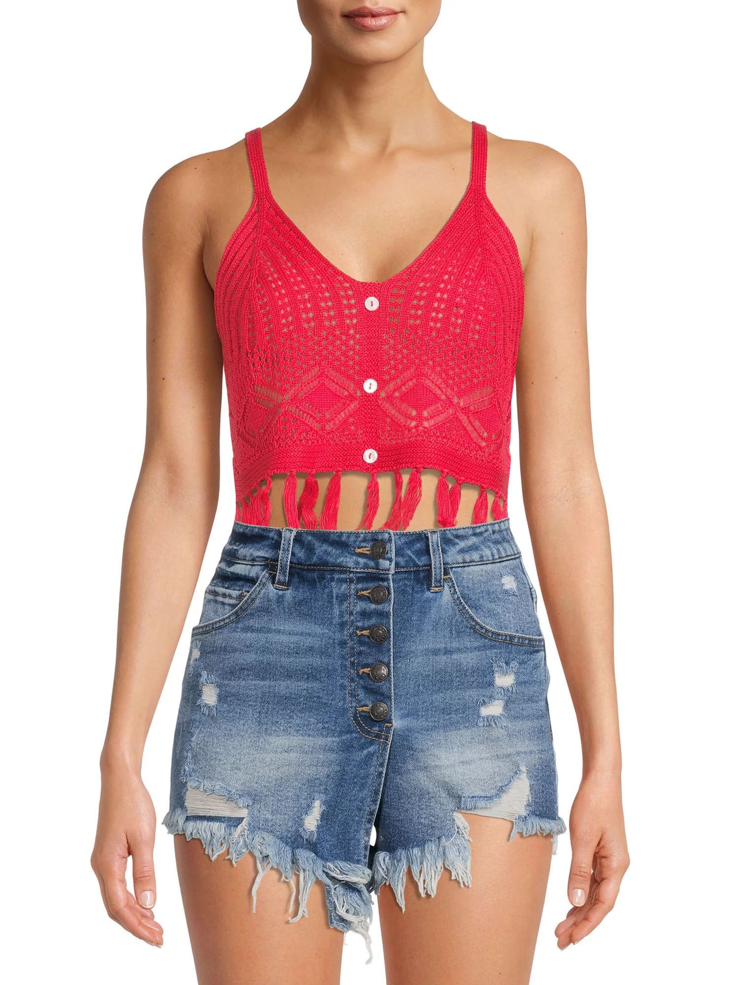 Madden NYC Juniors' Cropped Mixed Tank Top with Fringe | Walmart (US)