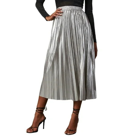 Women S Skirt Hot Stamping Shiny Silver Pleated Skirt High Waist A Line Pleated Skirt Wedding Guest Dresses For Women | Walmart (US)