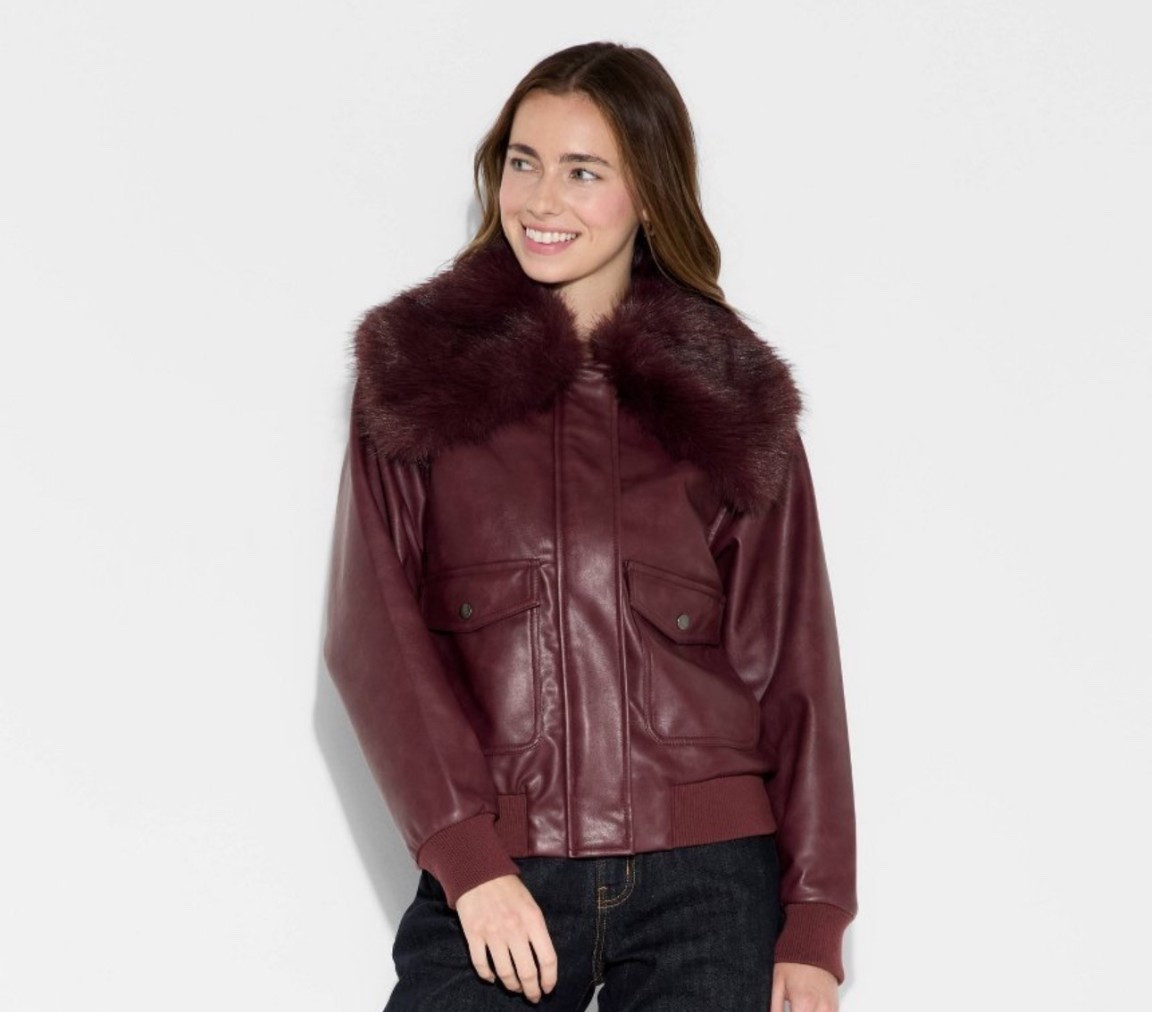 Cute target women’s burgundy, fur collar, winter jacket, bomber jacket

#LTKOver40 #LTKSeasonal #LTKHoliday