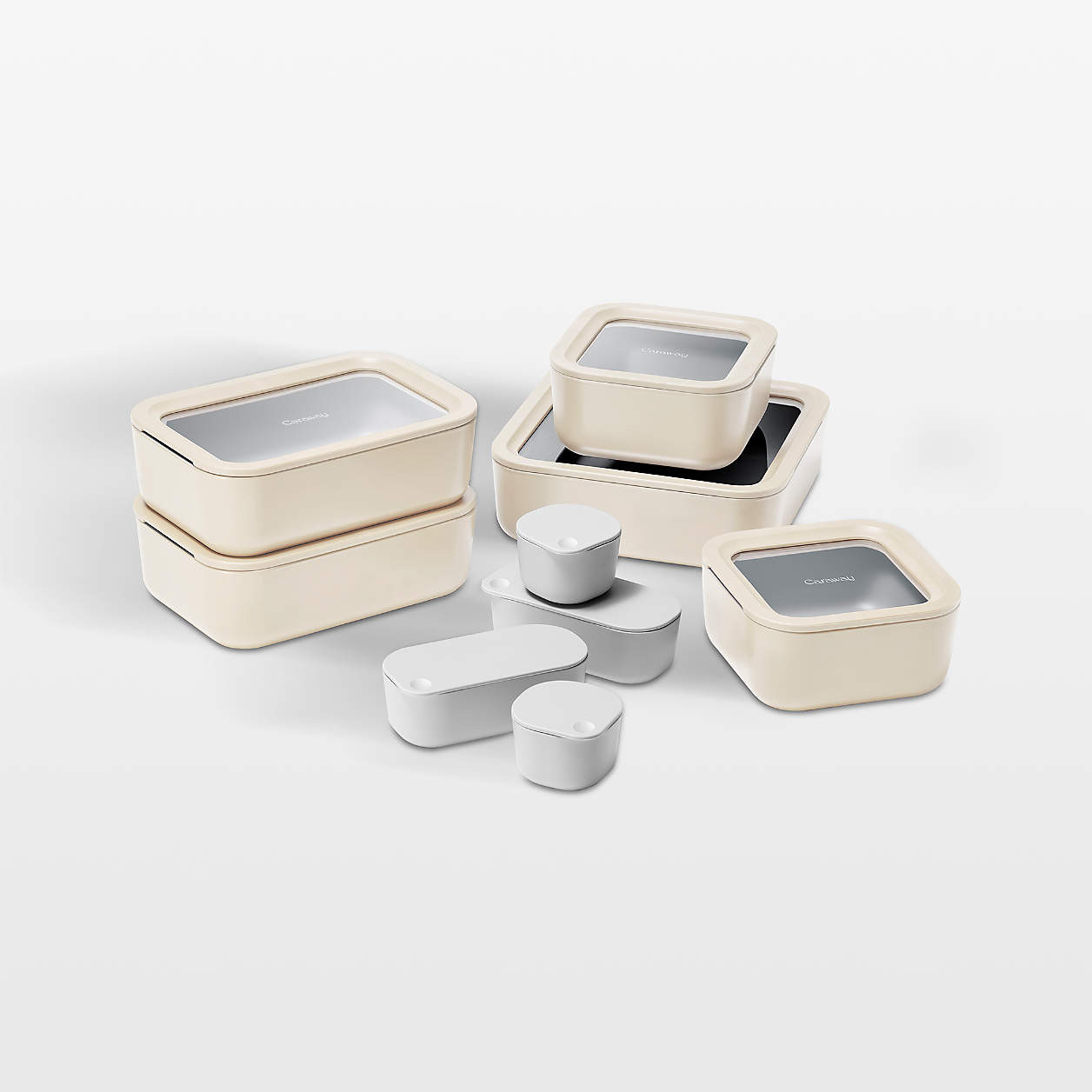 Caraway Cream 17-Piece Glass Food Storage Set + Reviews | Crate & Barrel | Crate & Barrel
