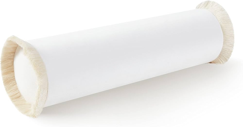 Hofdeco Premium Coastal Patio Indoor Outdoor Bolster Pillow Cover Only, 6"x20" Water Resistant for Backyard, Couch, Solid White Fringe | Amazon (US)