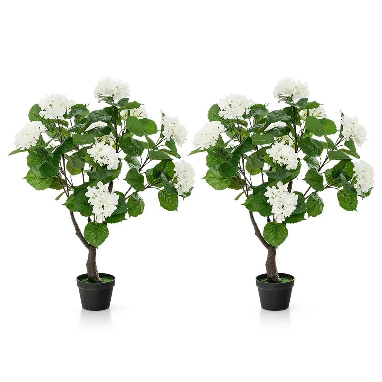 Gymax 2 Pack Artificial Hydrangea Tree Fake Floral Plant w/ 11 White Flowers | Walmart (US)
