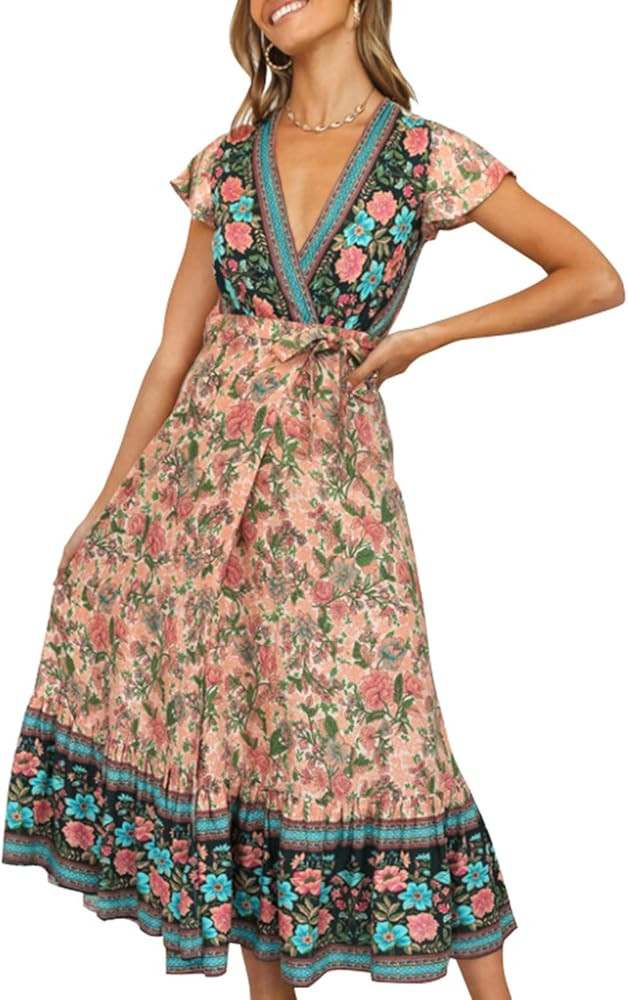 ZESICA Women's 2024 Bohemian Floral Printed Wrap V Neck Short Sleeve Split Beach Party Maxi Dress | Amazon (US)