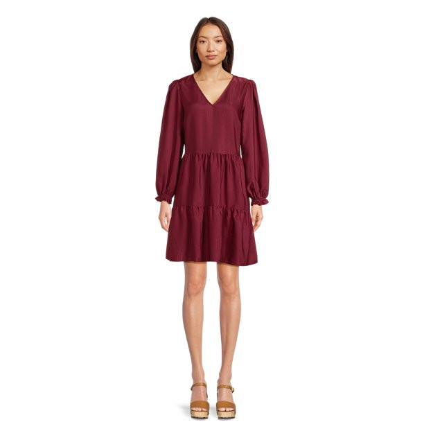 Time and Tru Women's Tiered V-Neck Satin Mini Dress, Sizes XS-XXXL | Walmart (US)