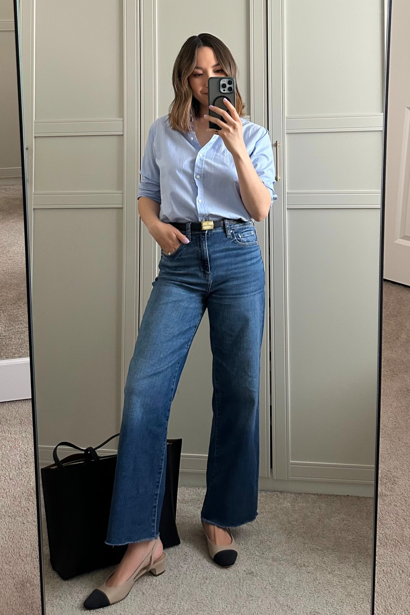 Spring office outfit 

Everlane button up - size 0
Daze pleased Jean - sized down, super soft & stretchy 
Slingbacks run half size small
Edited pieces belt xs 

#LTKWorkwear