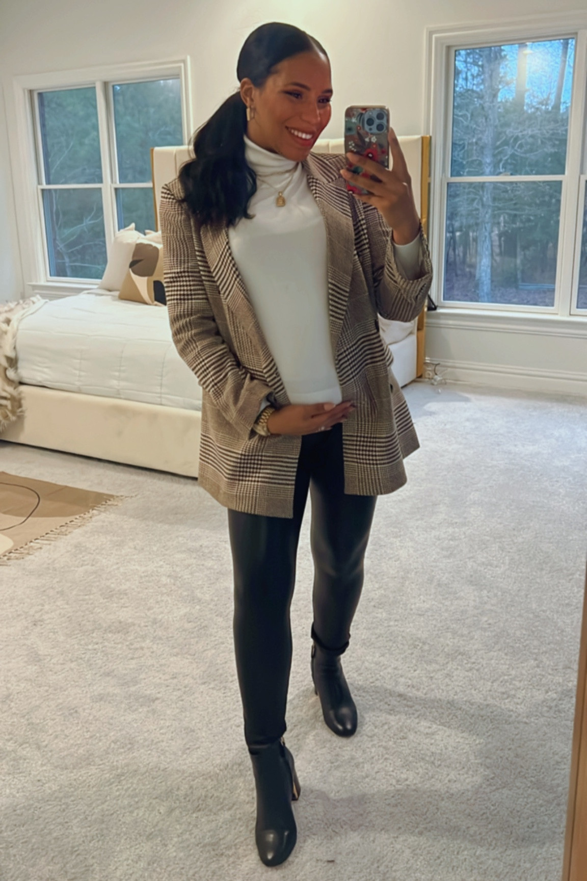Bump-friendly / maternity winter outfit or Christmas party outfit! Paired my favorite turtle neck with an oversized patterned blazer and vegan leather leggings. Mine are from a previous season, tagging the version from this season! Extremely comfortable pregnant or not! Wearing my regular sizes - Leggings are M, blazer and sweater both size 4 (S). Boots are Tory Burch from a previous season, wearing 7.5. Tagging similar ankle boots with gold buckle details, also from Tory Burch. Similar blazers tagged as exact is discontinued. My sweater is still available but not in this color #LTKxAF

#LTKHoliday #LTKstyletip