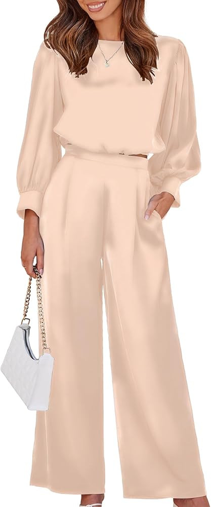 Ekouaer Women's Silk Satin Pajama Set Long Sleeve Crop Top Wide Leg Pant 2 Piece Loungewear with Poc | Amazon (US)