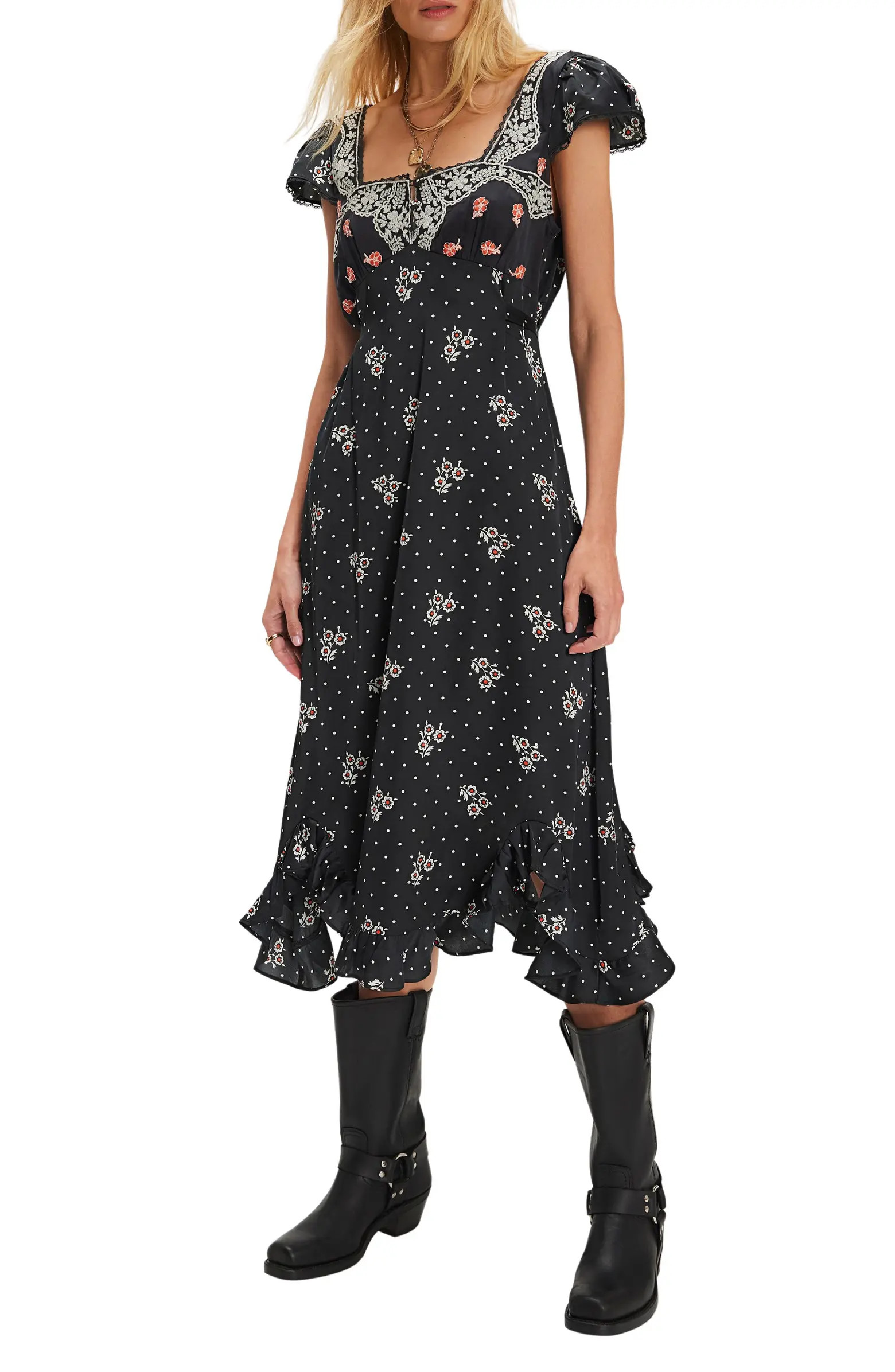 Haven Embroidered Lace Trim Satin Midi Dress | Nordstrom
