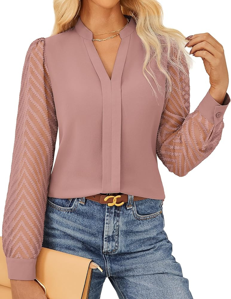GRACE KARIN Women Business Casual Tops Sheer Lace Long Sleeve Blouses Work Office Pleated V Neck ... | Amazon (US)