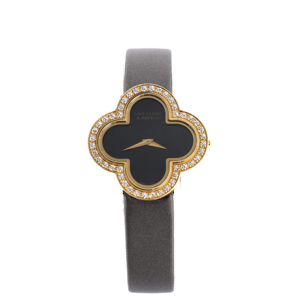 Van Cleef &amp; Arpels Alhambra Quartz Watch Yellow Gold and Satin with Diamond Bezel and Onyx 26... | Rebag