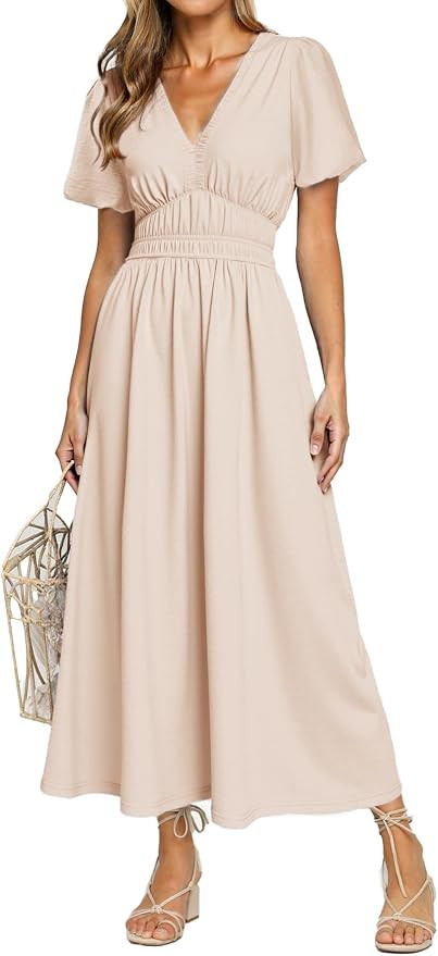 Simplee Women's Summer Flowy Midi Dress Casual V Neck Short Sleeve Empire Waist Boho Beach Dress ... | Amazon (US)
