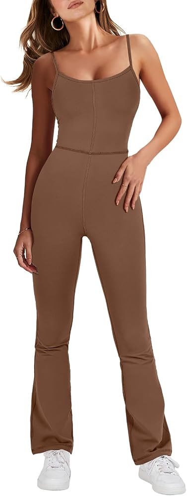 ANRABESS Flare Jumpsuits for Women One Piece Sleeveless Square Neck Full Body Bodycon Yoga Workou... | Amazon (US)