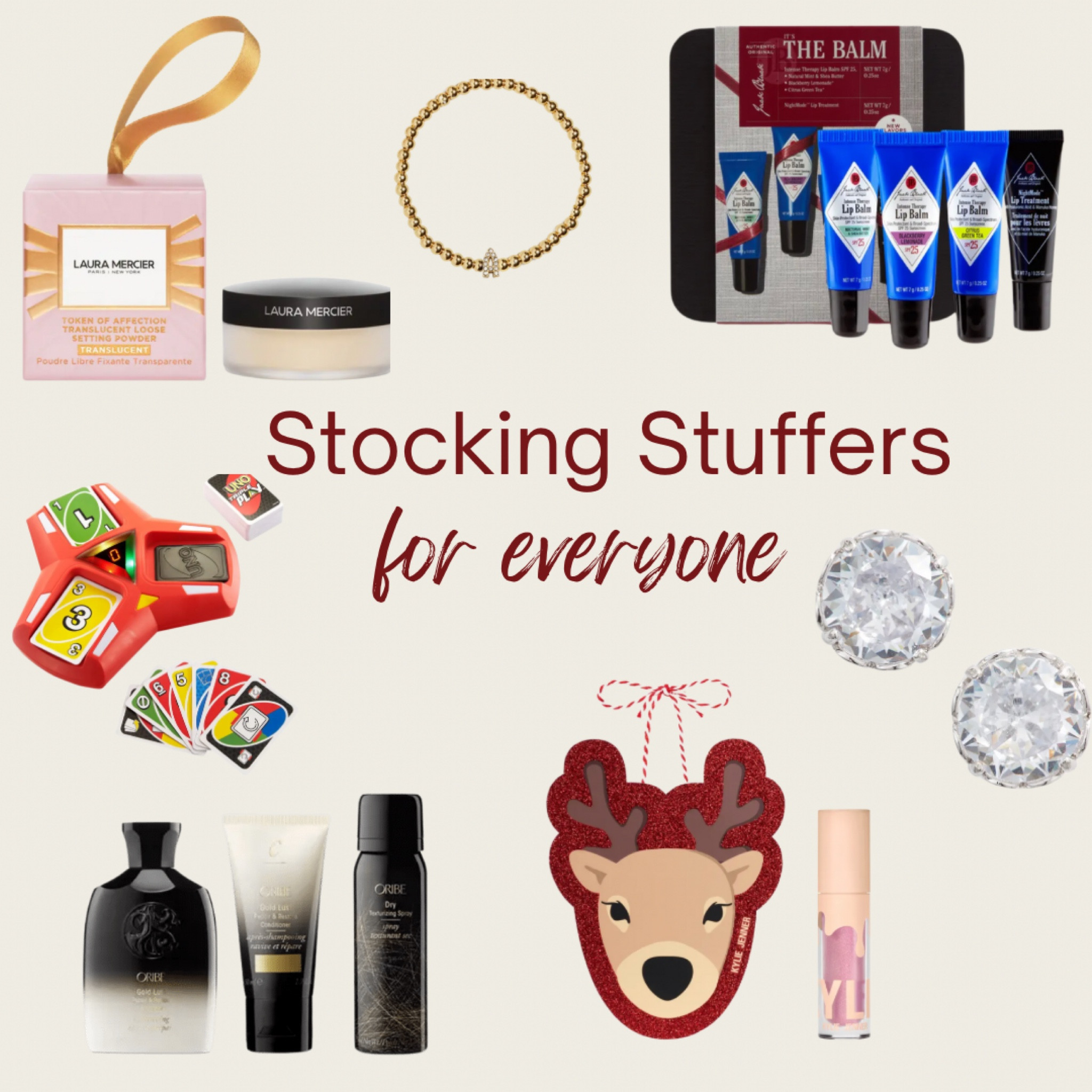 Needing some stocking, stuffer gift ideas… We’ve got you covered! #StockingStuffers #StockingStuffersForEveryone
#Nordstrom #Oribe #ObsessedDiscoverySet #PisaPavéInitialBracelet #KylieJenner #HighGloss #Lipgloss #LauraMercier #TranslucentLooseSettingPowder #JackBlack #BalmSet #Uno #UnoTriplePlayCardGame #StudEarrings #KateSpade  

#DuringDarlingBold
