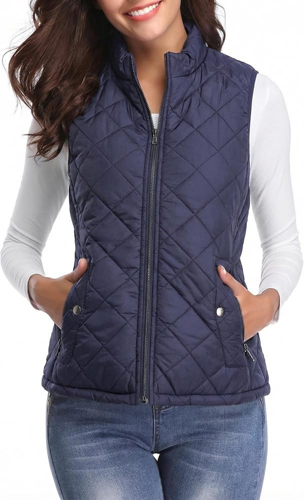 Fuinloth Women's Lightweight Warm Puffer Quilted Vest - 4-Pockets Stand Collar Zip Gilet, Fall Wi... | Amazon (US)