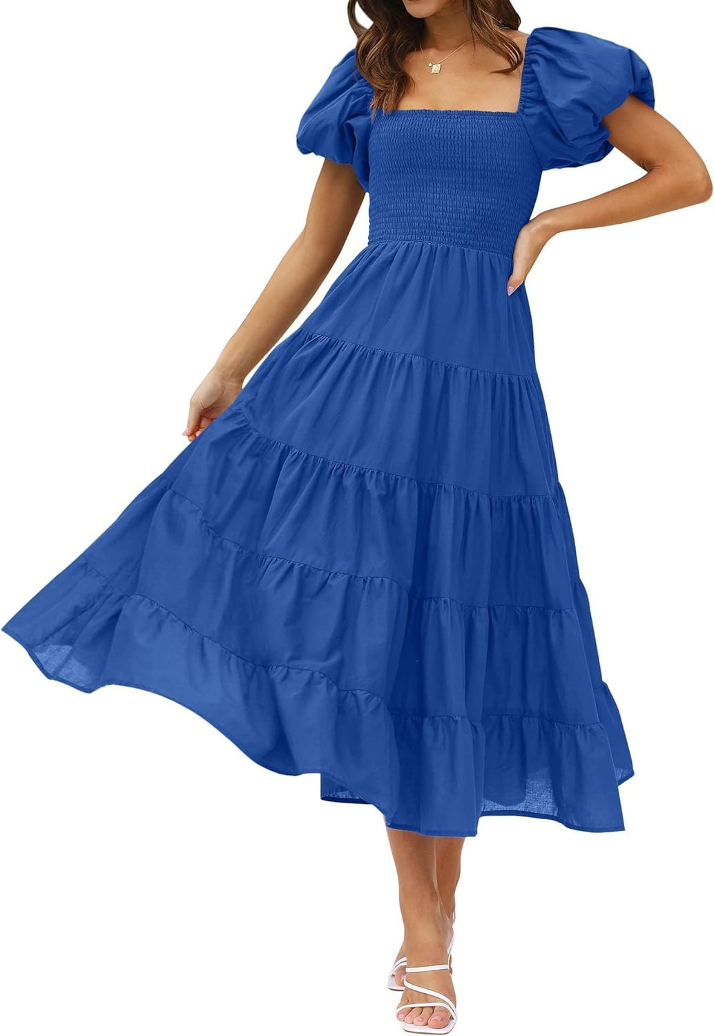 ZESICA Women's 2024 Summer Square Neck Short Puff Sleeve Solid Color High Waist Casual Smocked Fl... | Amazon (US)