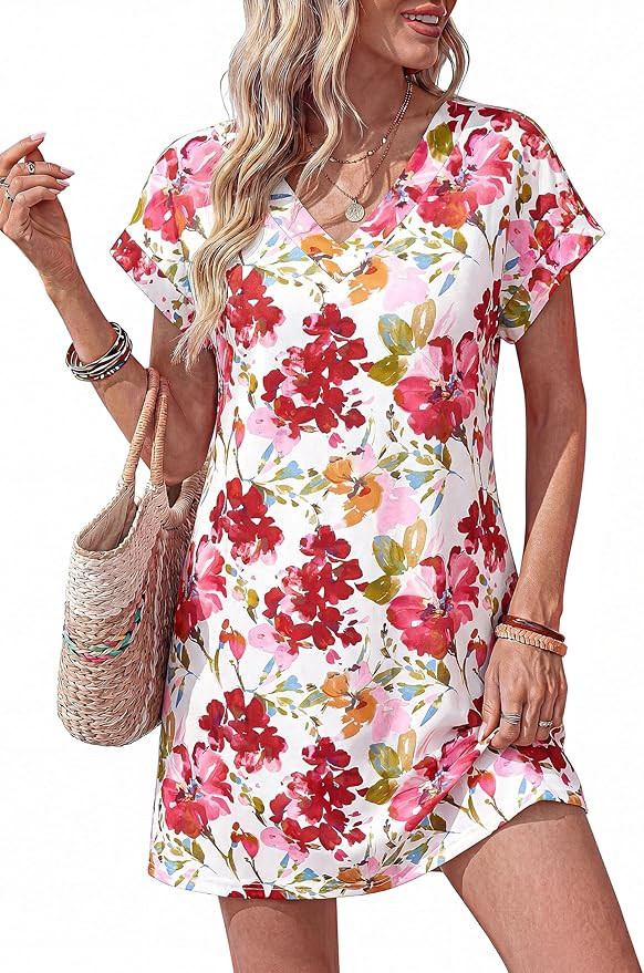 KIRUNDO Casual Summer Dresses for Women 2026 Floral Print T-Shirt Dress V-Neck Short Sleeve Loose... | Amazon (US)