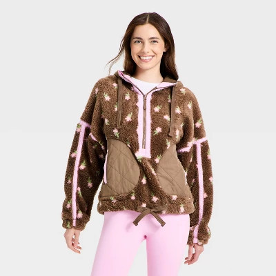 Women's Contrast High Pile 1/2 Zip Jacket - JoyLab™ Brown Floral S | Target