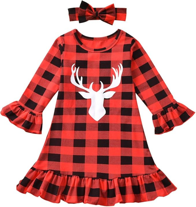 Toddler Baby Girls Buffalo Plaid Ruffle Cuff Deer Smocked Dress with Headband Fall Winter Christm... | Amazon (US)
