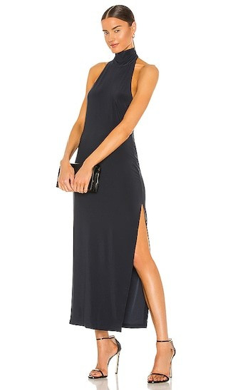 Norma Kamali Halter Turtle Side Slit Gown in Navy. - size M | Revolve Clothing (Global)