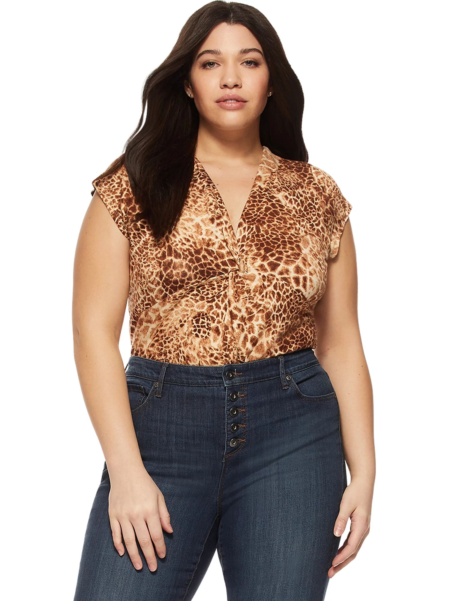Sofia Jeans by Sofia Vergara Plus Size Animal Print Cap Sleeve Twist Front Bodysuit | Walmart (US)