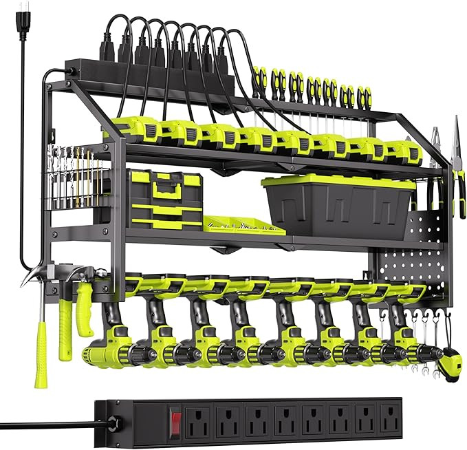 Power Tool Organizer Wall Mount with Charging Station, 8 Drill Holder with 8-Outlet Power Strip, ... | Amazon (US)