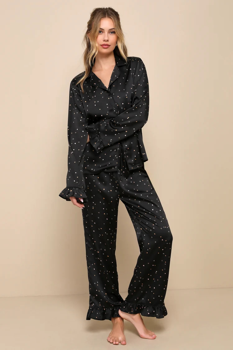 Smitten Slumber Black Heart Print Satin Ruffled Pajama Set | Lulus
