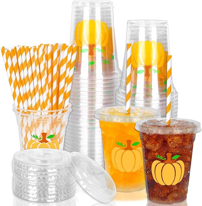 Whaline 50Pcs Fall Disposable Plastic Cups with Lids and Straws 12oz Party Cups Orange Pumpkin Co... | Amazon (US)