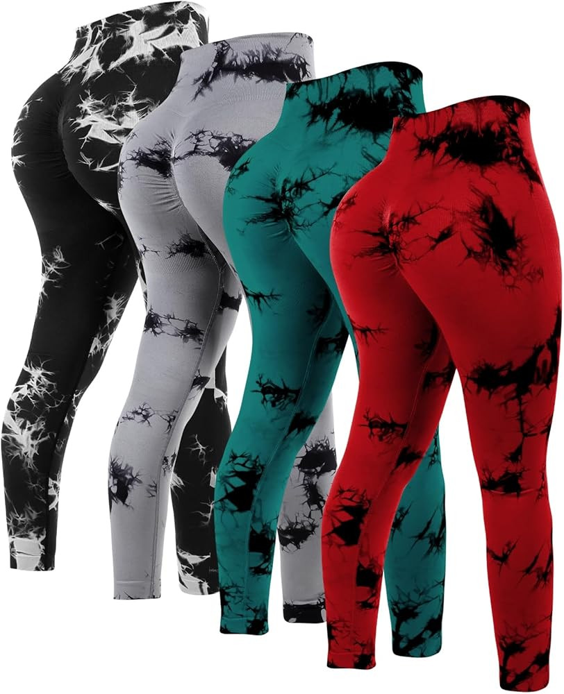 4 Pcs Womens Workout Leggings Tie Dye High Waisted Yoga Pants Seamless Scrunch Butt Lifting Compr... | Amazon (US)