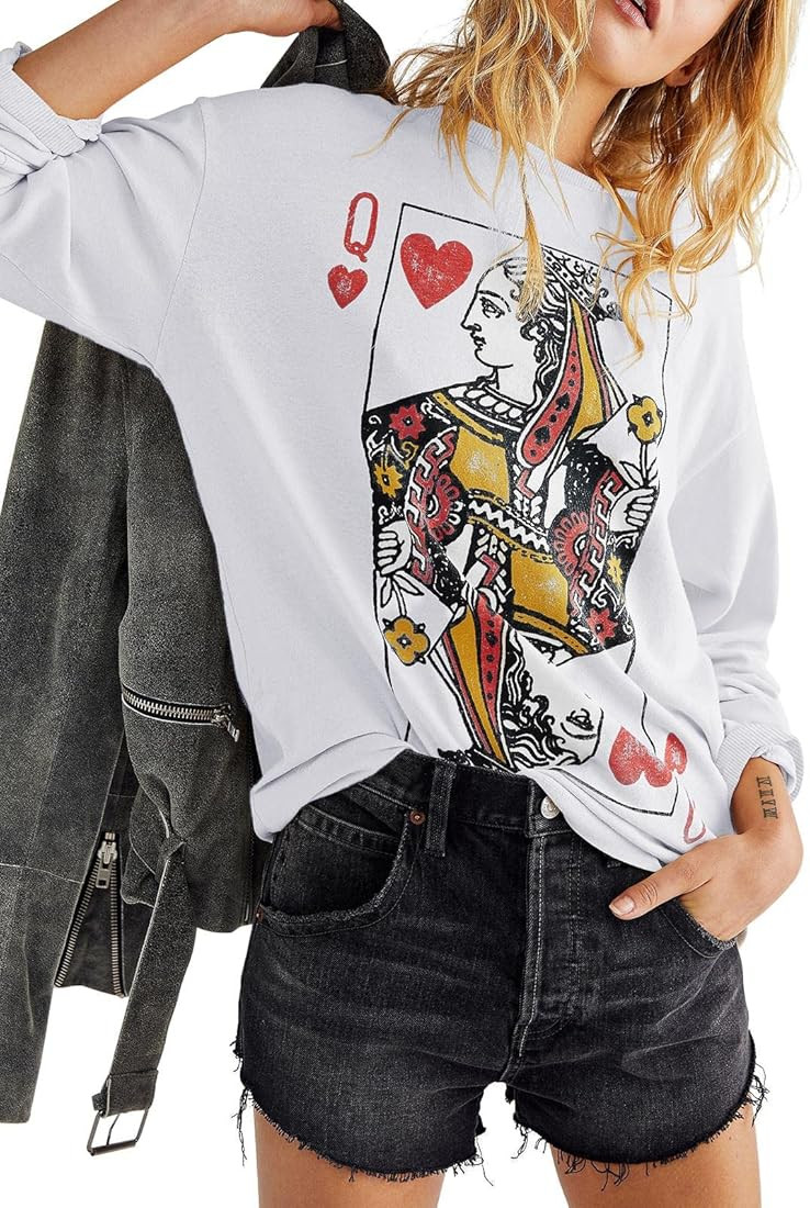 Fazortev Womens Crewneck Graphic Sweatshirts Queen Of Hearts Long Sleeve Shirts Cute Loose Fit Ca... | Amazon (US)